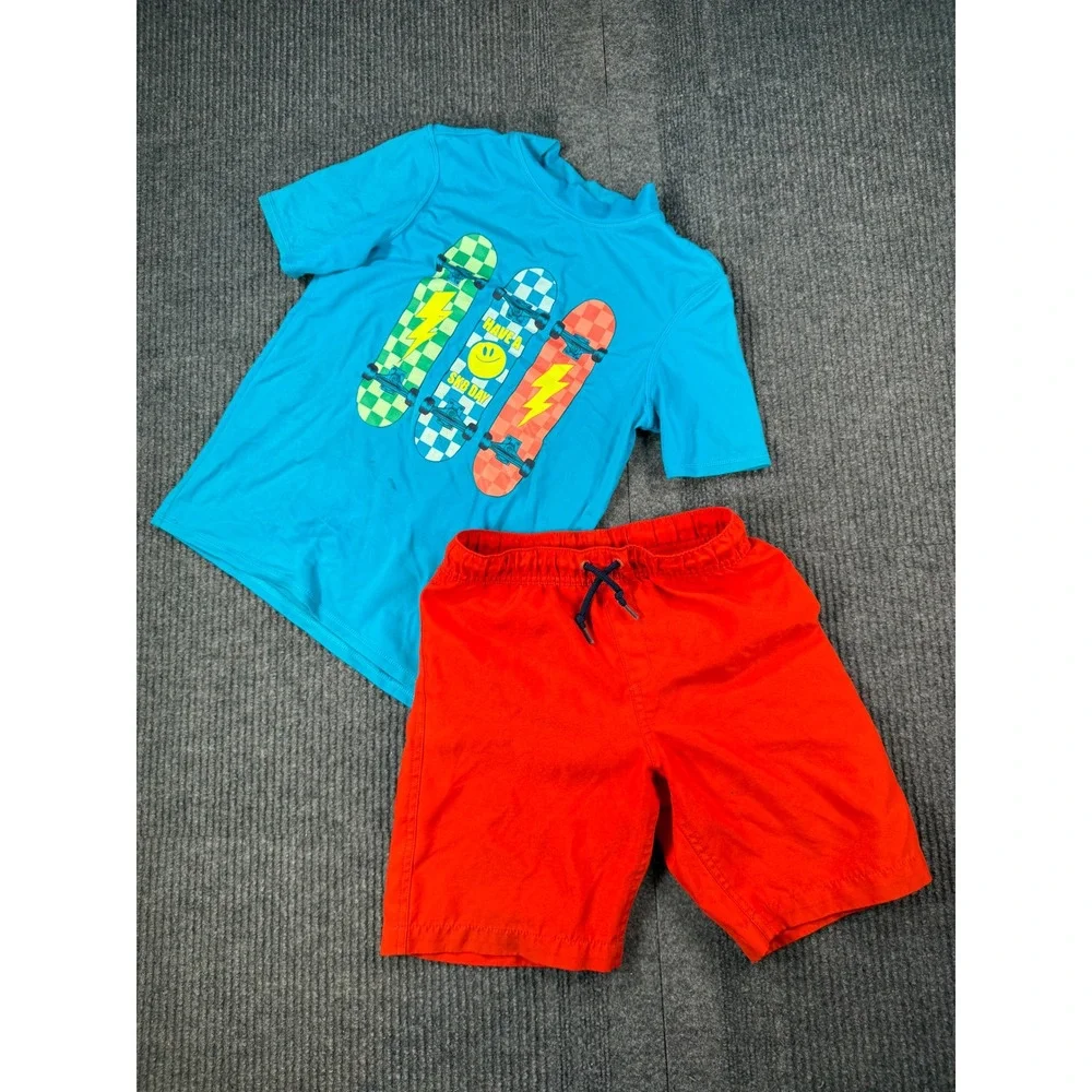Lands End Boys Swim Set Rash Guard Swim Trunks Blue Orange Skateboard Size S 8